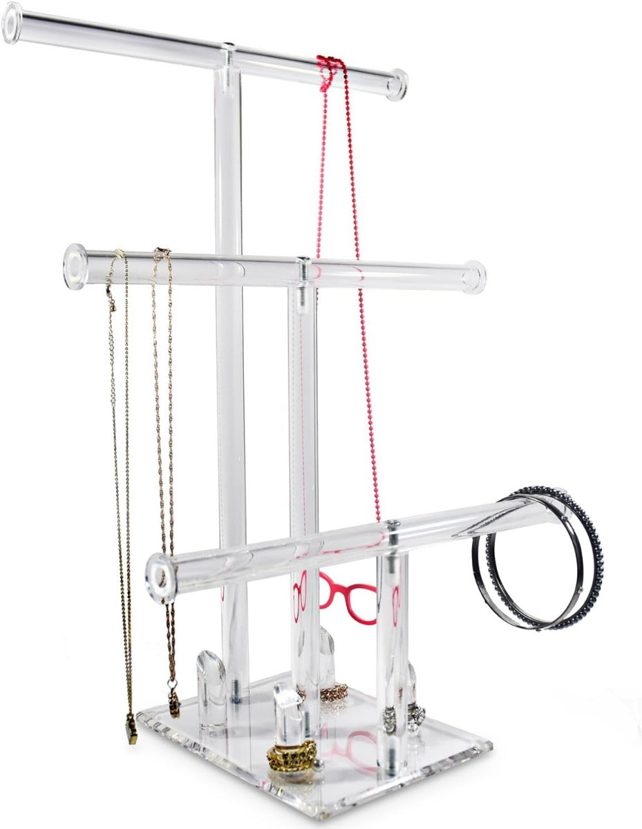 حامل عرض أكريليك ثلاثي الطبقات مع حامل حلقات.