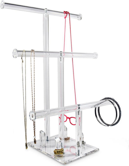 حامل عرض أكريليك ثلاثي الطبقات مع حامل حلقات.