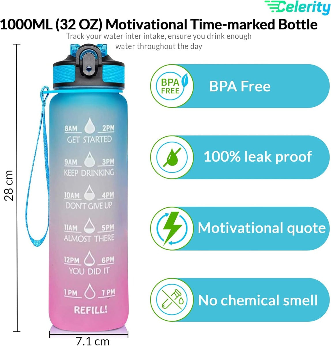 Celerity motivational water bottle 700 ML with time marker & straw - Assorted Color