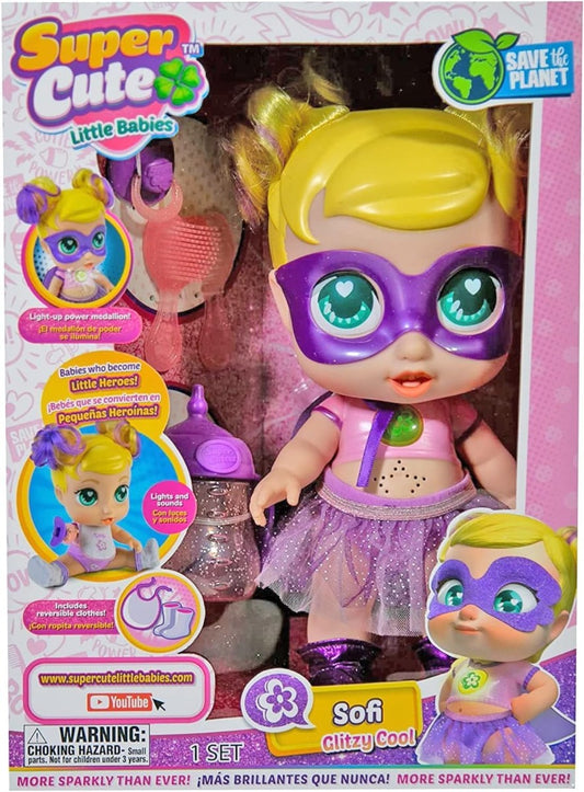 Super Cute Little Babies Sofi Doll, Glitzy Cool Hero with Light-up Medallion