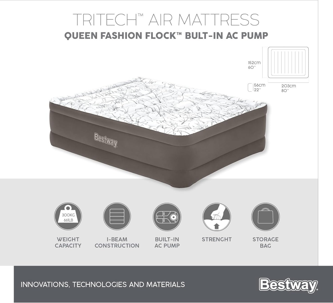 Bestway Tritech Fashion Flock Air Mattress Queen Built-in AC Pump 2.03m x 1.52m x 56cm - No:6713E