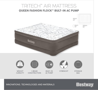 Bestway Tritech Fashion Flock Air Mattress Queen Built-in AC Pump 2.03m x 1.52m x 56cm - No:6713E