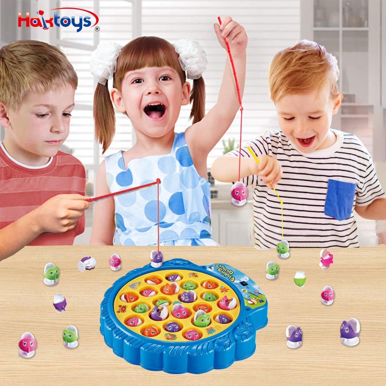 Fishing Game Play Set Includes 21 Fish and 4 Fishing Poles on Rotating Board with Music On/Off Switch for Quiet Play