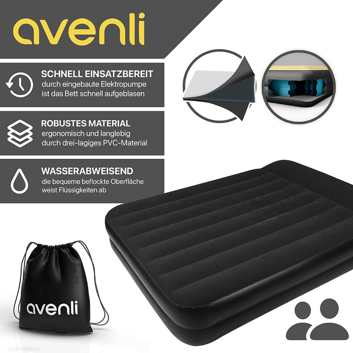 Jilong Avenli Self-Inflating Air Mattress/Guest Bed Double Bed for 2 People 203 x 152 x 46 cm with Built-In Automatic Pump Black -No:24018EU