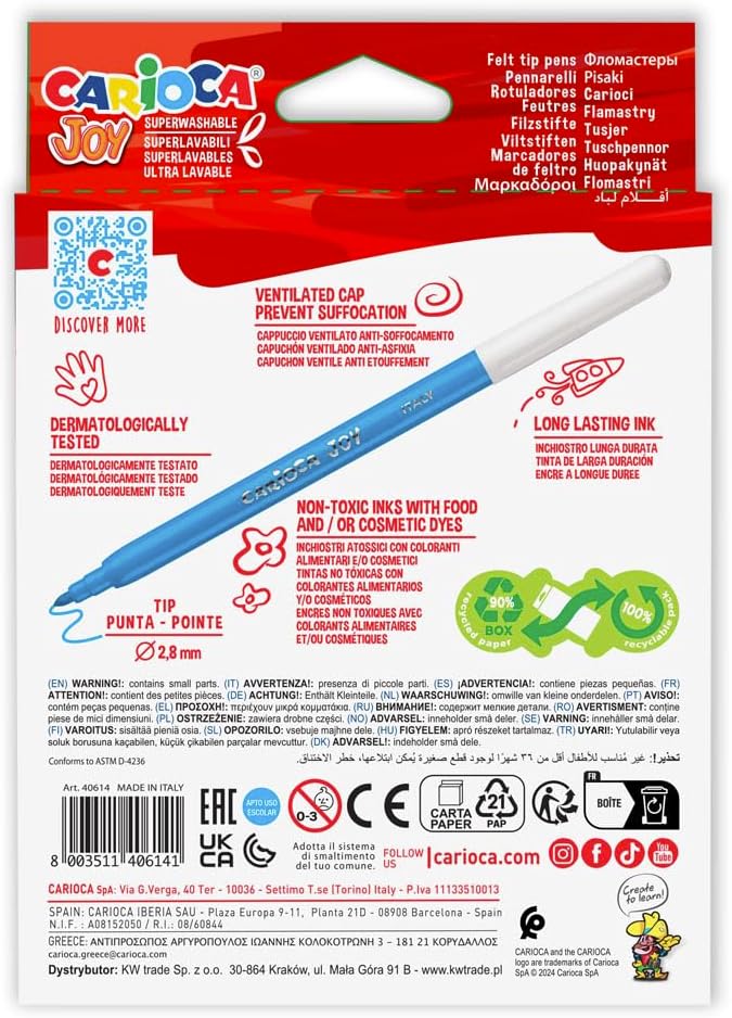 أقلام تلوين كاريوكا فائقة الغسل ذات رؤوس دقيقة - مجموعة من 12 قلمًا - رقم: 40614