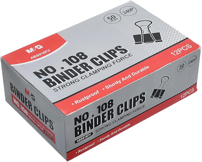 M&G Chenguang Bulldog Clips, 50mm 12-Pack for Reliable Paper and Document Binding - No:ABS916FV