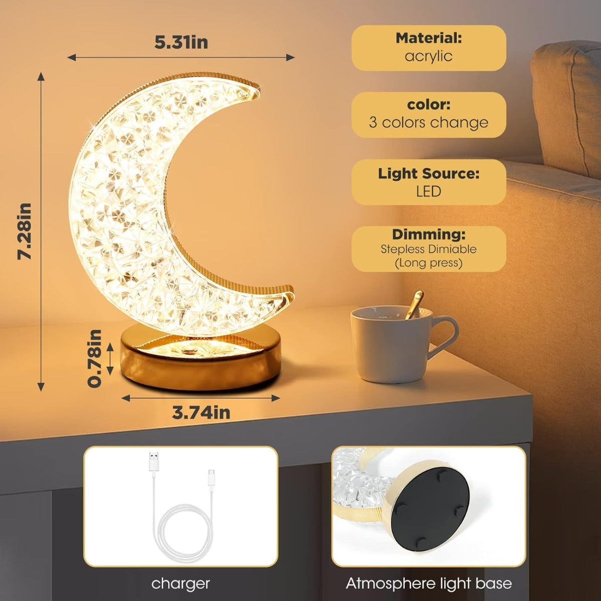 Ramadan Lamp, Decorations ,Crystal Table Lamp Moon Shape Night Light Touch LED