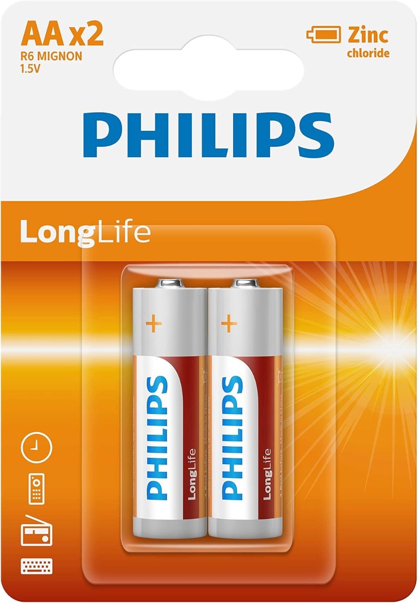 Philips Long Life Zinc Battery Set, 1.5 Volt, Type AA - 2 Pcs - No:R6L2B