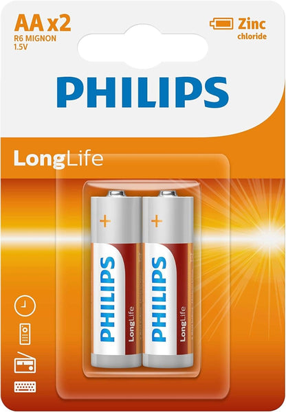 Philips Long Life Zinc Battery Set, 1.5 Volt, Type AA - 2 Pcs - No:R6L2B
