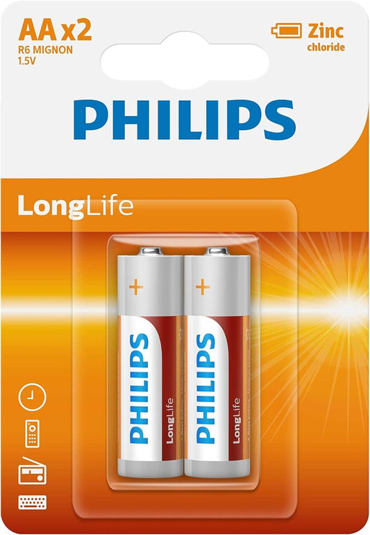 Philips Long Life Zinc Battery Set, 1.5 Volt, Type AA - 2 Pcs - No:R6L2B