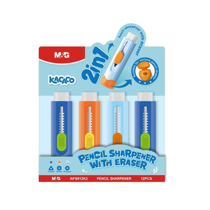M&G Chenguang Pencil Sharpener with Eraser – 2-in-1 Safety Pencil Sharpener & Eraser with Shavings Container - 1pcs - No: APS912K2