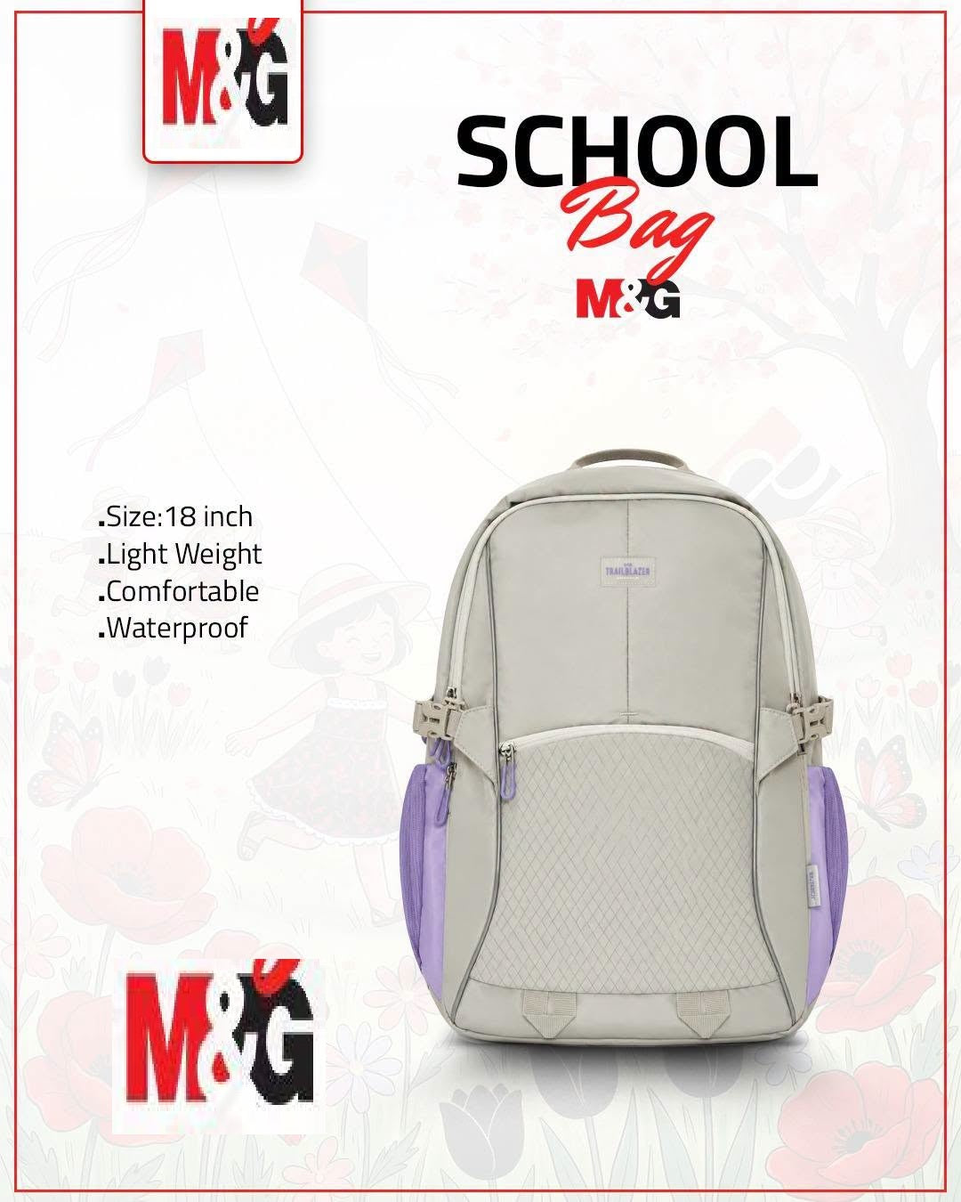 M&G Chenguang Trailblazer 18-Inch School Backpack – Lightweight, Comfortable & Water-Resistant, Grey & Purple - No: ABB904V2M5