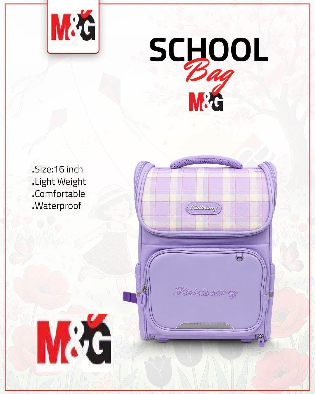 M&G Chenguang 16-Inch Kids School Backpack – Lightweight Waterproof School Bag, Lavender Plaid Design - No: ABB904V977