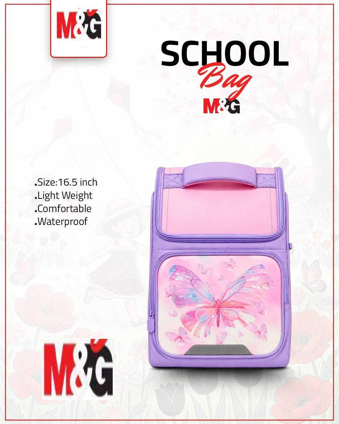 M&G Chenguang 16.5-Inch Girls School Backpack – Lightweight Waterproof School Bag with Butterfly Design - No: ABB904S1