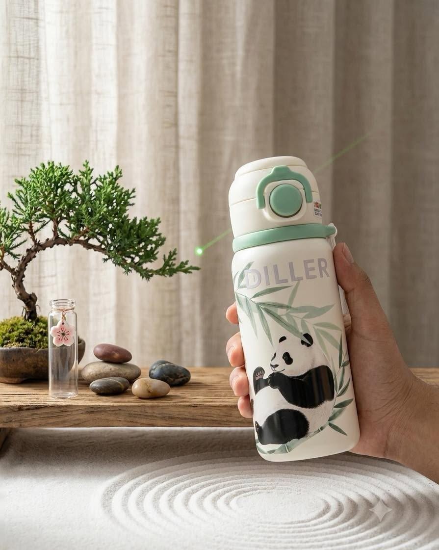 DILLER Panda Vacuum Insulated Water Bottle 620ml – Stainless Steel Thermal Flask with Safety Lock & Wrist Strap