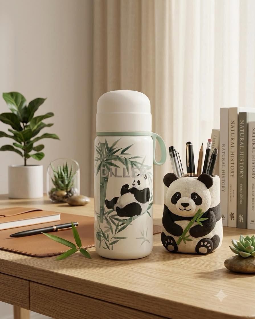 DILLER Panda Vacuum Insulated Bottle with Cup Lid – 300ml Stainless Steel Thermal Flask | Portable Travel Bottle