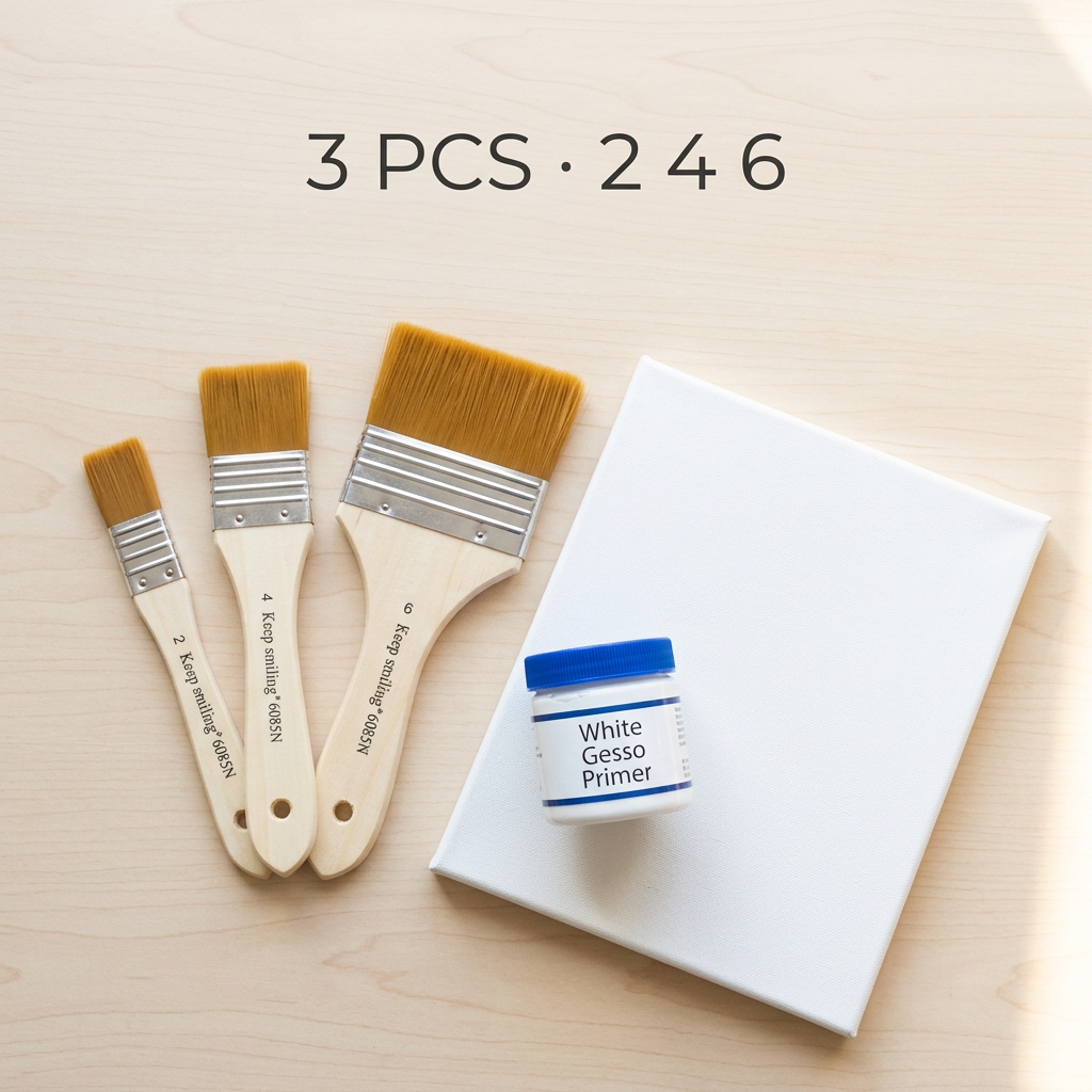 Keep Smiling set of 3 gesso brushes flatlay with canvas and gesso