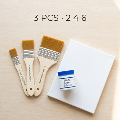 Keep Smiling set of 3 gesso brushes flatlay with canvas and gesso