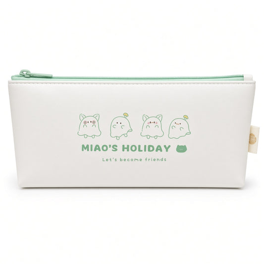 M&G Chenguang Length+ Large Capacity Pencil Case – White “MIAO’S HOLIDAY” Design, Waterproof PU Stationery Pouch - 1pcs - No: APB932F