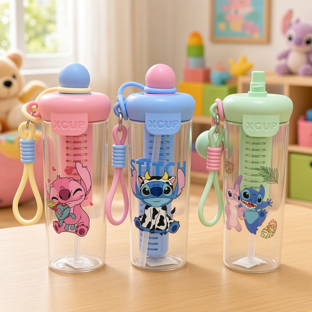 Cute Cartoon Water Bottle with Straw & Carry Strap – 750ml - 1pcs - Assorted Color