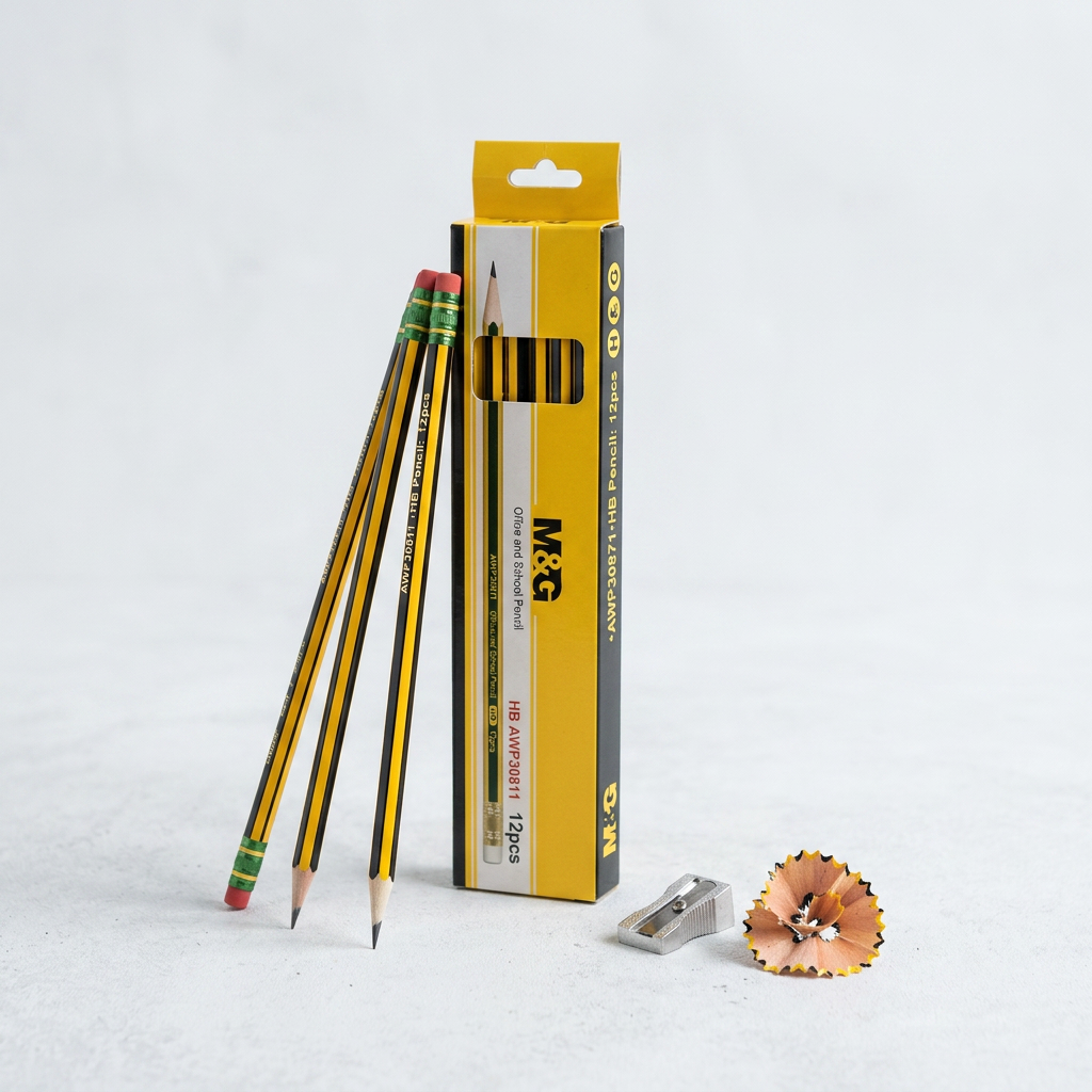 M&G HB pencil box with sharpener and pencil shavings