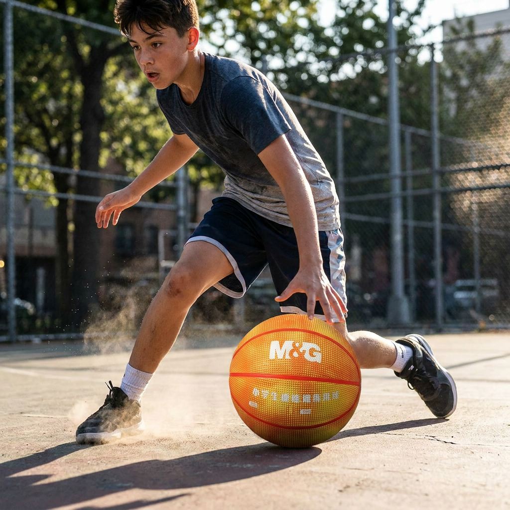 Youth player dribbling the M&G Morning Light size-5 rubber basketball