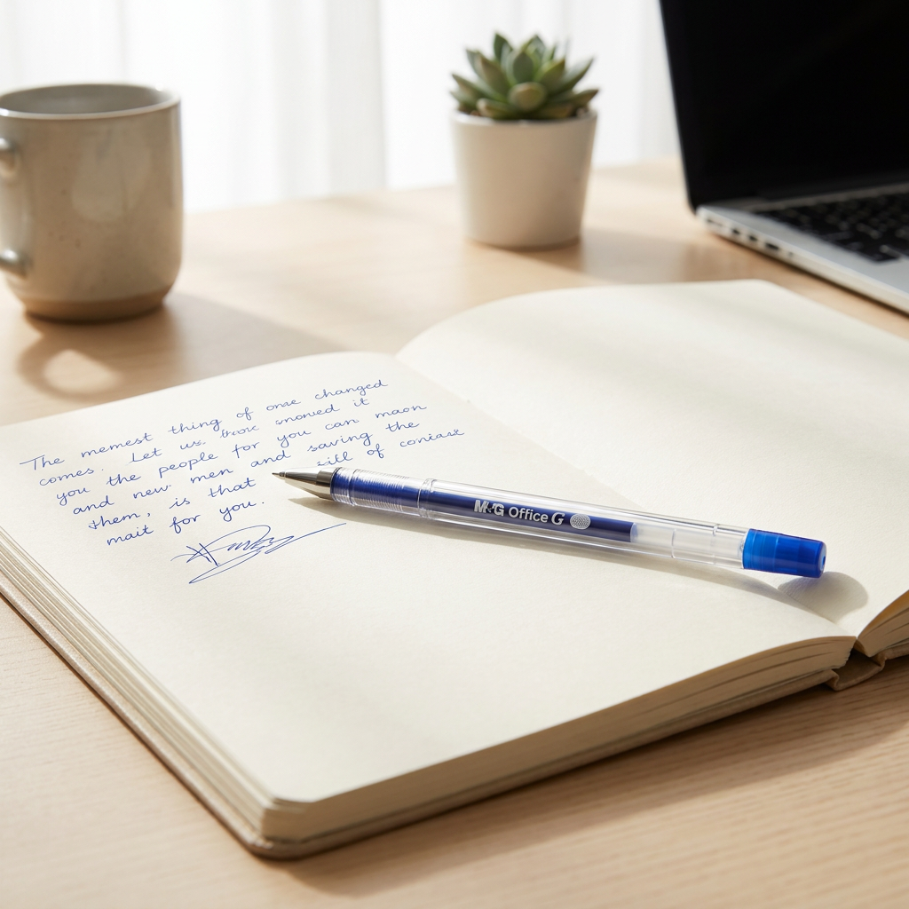 M&G Office G 0.5mm blue gel pen No.13271 on notebook - lifestyle