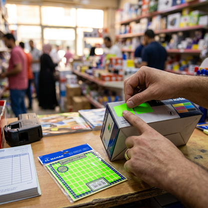 Color-coding a product with a small fluorescent green El Manar label