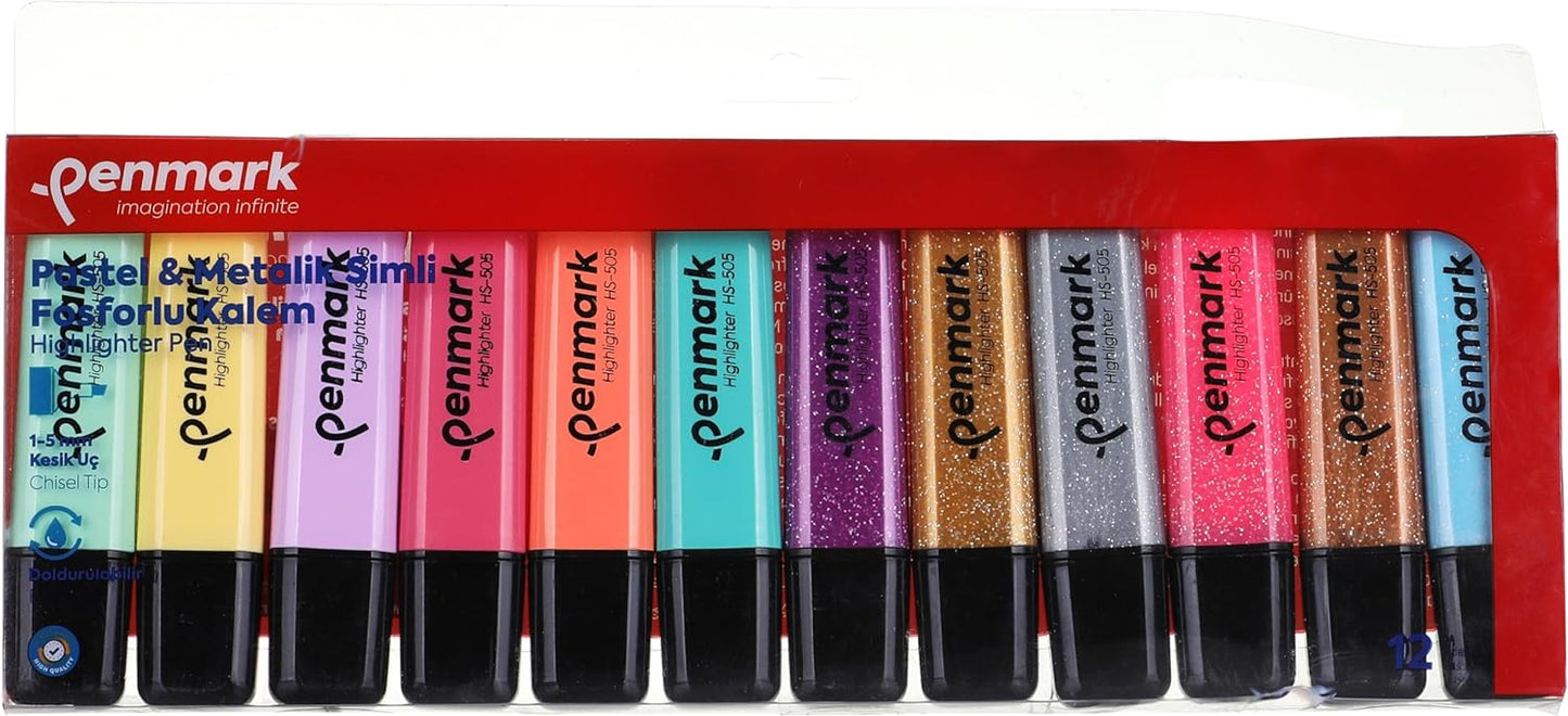 قلم تحديد Penmark، 12 لونًا (4 ألوان نيون، 4 ألوان باستيل، و4 ألوان سيملي) - رقم المنتج: HS-505-12NP