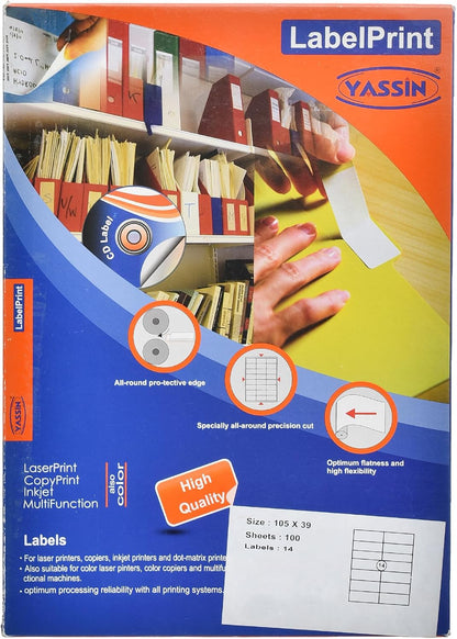 Yassin Professional Medium Adhesive Label Sticker,42.4x105 mm With Premium Material - Size: A4 - 14 Labels per Sheet - 100 sheets - No: 0726
