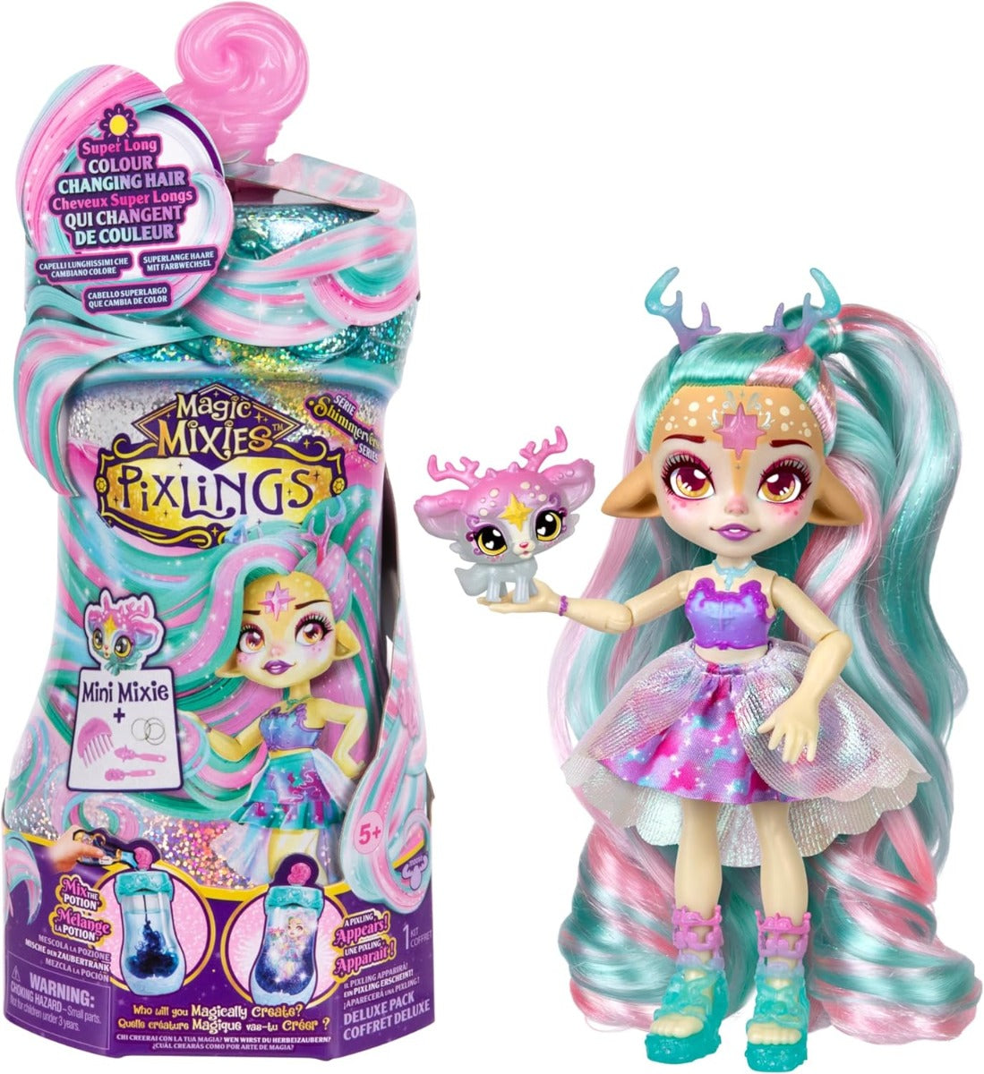 Magic Mixies Pixlings Deluxe Pack, Shimmer Reveal Galaxy Deerlee the Deer Hair Doll - No:14998