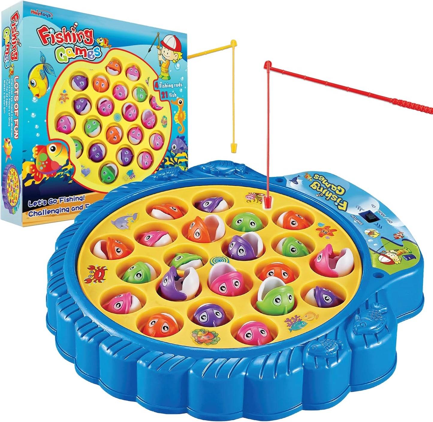 Fishing Game Play Set Includes 21 Fish and 4 Fishing Poles on Rotating Board with Music On/Off Switch for Quiet Play