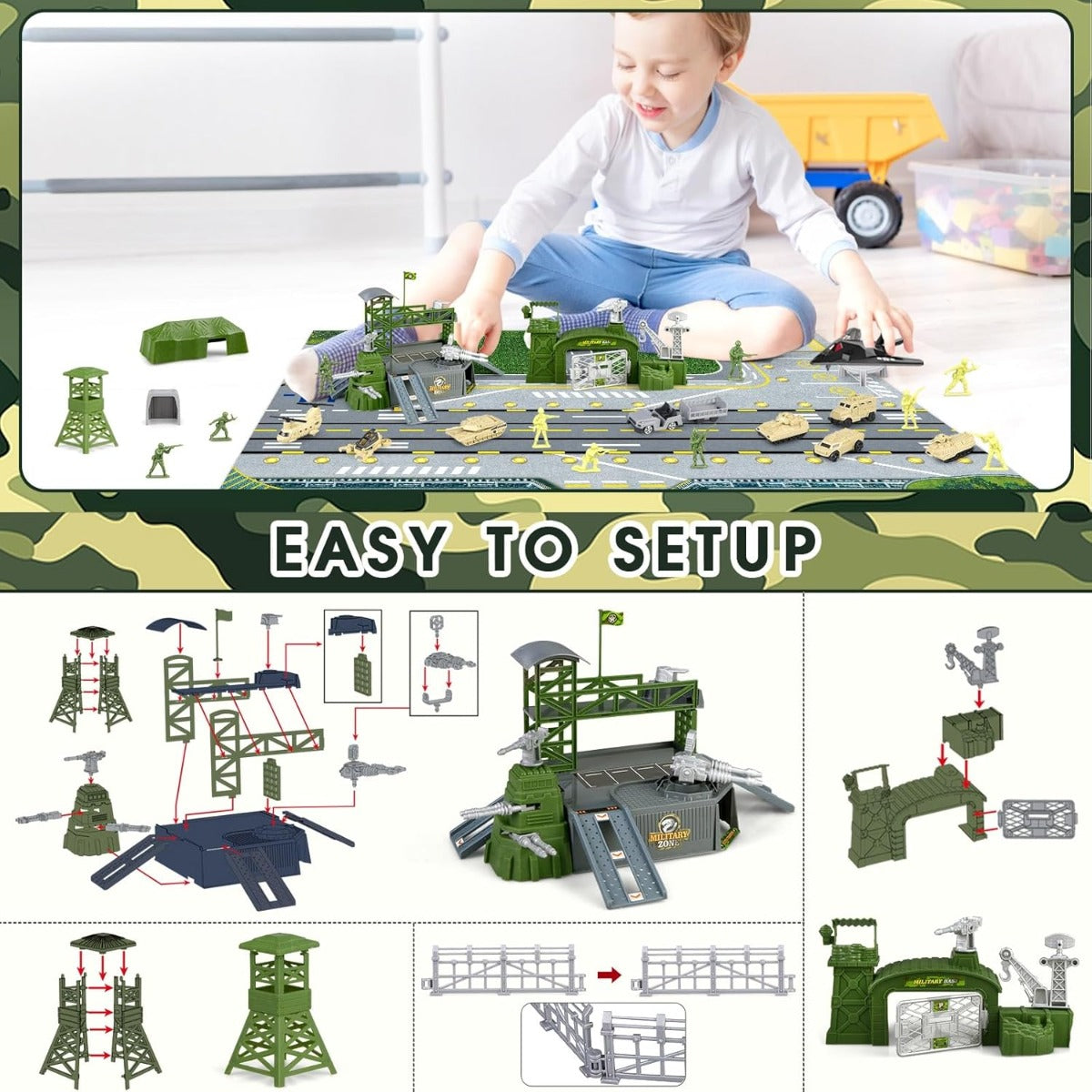 Army Series Military Base Set with Vehicles, Accessories, and Play Map for Kids - No:881