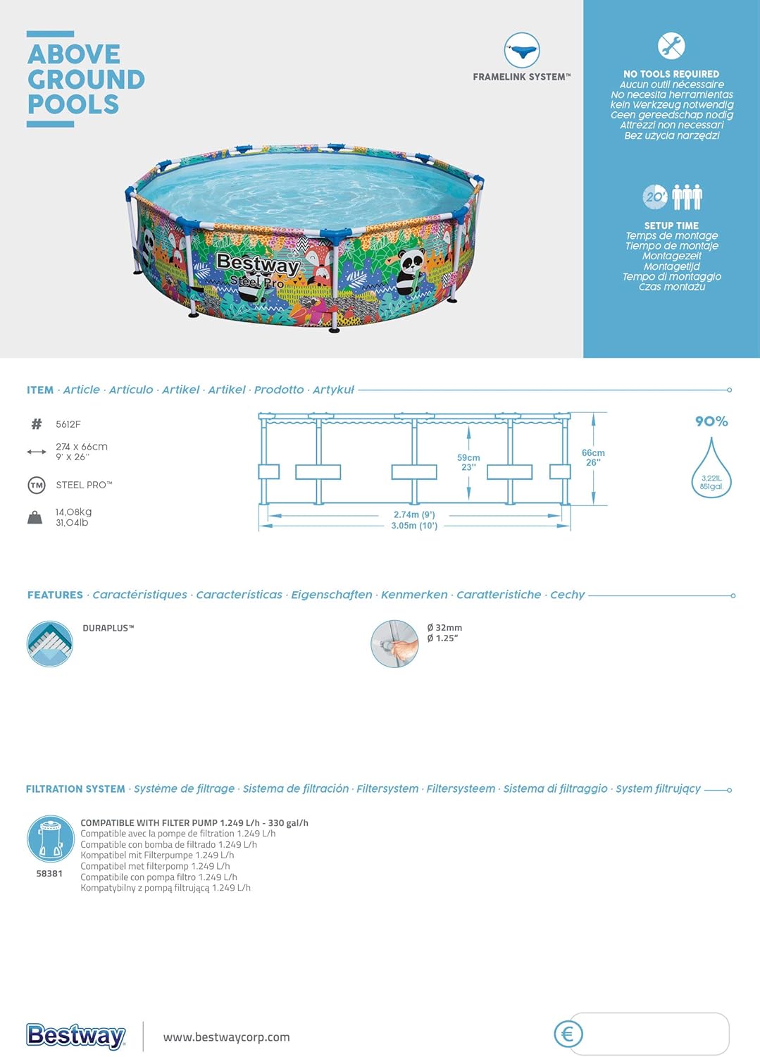 Bestway Colorful Steel Pro Frame Pool 274x66cm, 3221L - No:5612F