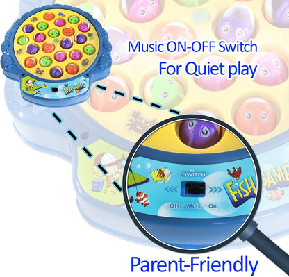 Fishing Game Play Set Includes 21 Fish and 4 Fishing Poles on Rotating Board with Music On/Off Switch for Quiet Play