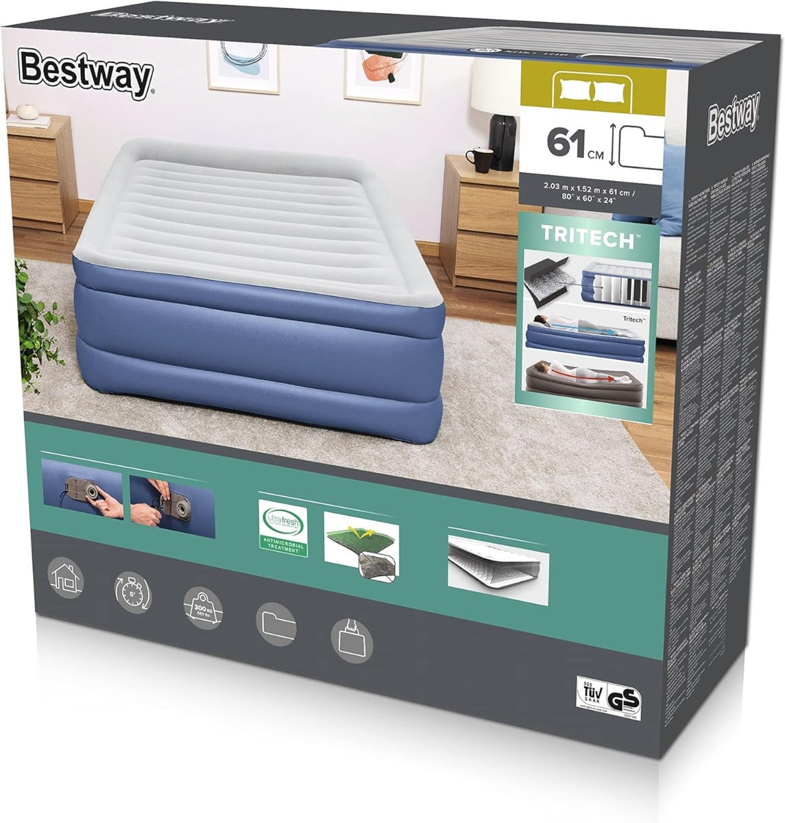 Bestway Tritech Airbed Queen Size Mattress  Built-in AC Pump 2.03m x 1.52m x 56cm  - No:67614