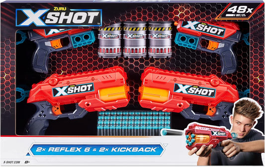 ZURU X-Shot Excel Double Reflex 6 Blaster, Double Kickback Blaster Combo Pack, 48 Darts, 3 Cans