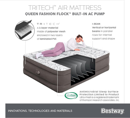 Bestway Tritech Fashion Flock Air Mattress Queen Built-in AC Pump 2.03m x 1.52m x 56cm - No:6713E