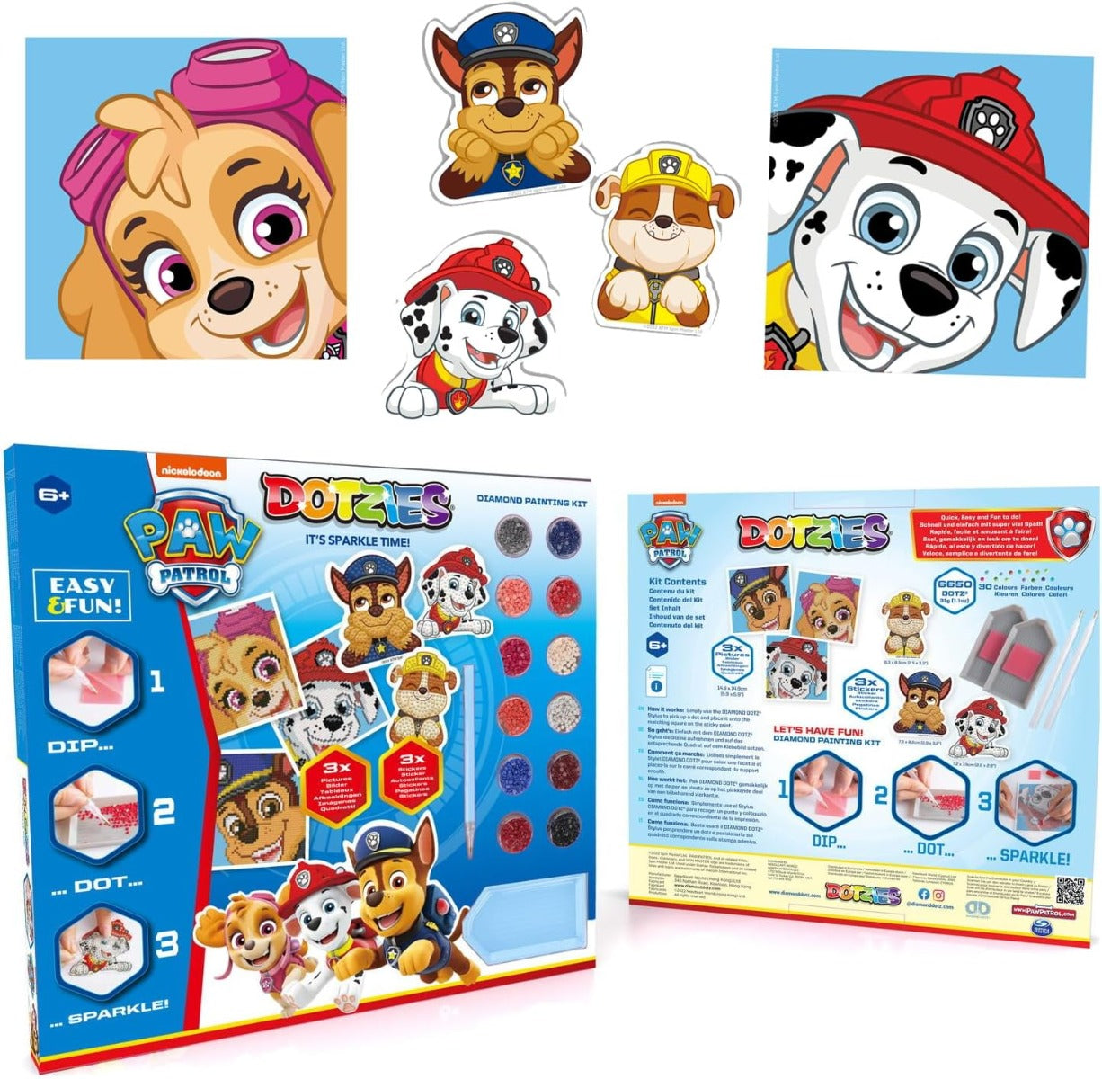 DIAMOND DOTZ 5D Diamond Painting Set Paw Patrol with 6 Designs: 3 Pictures 15 x 15 cm, 3 Stickers - No:DTZ10.008