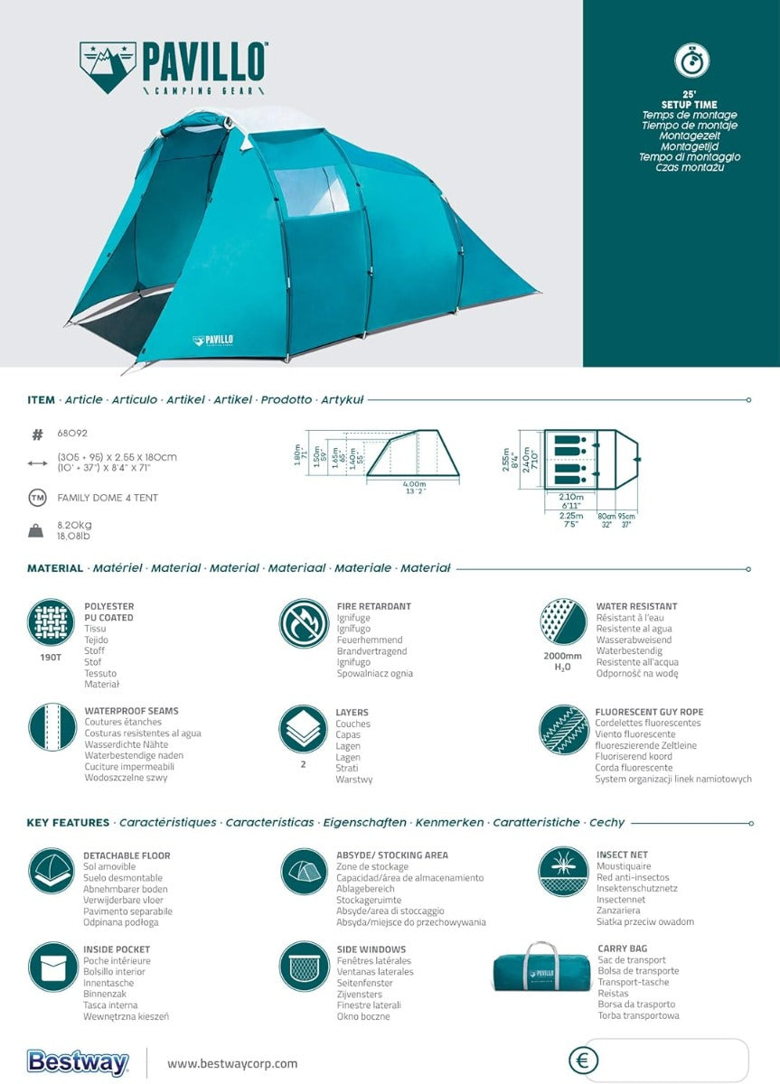 Bestway Pavillo Family Dome X4 Tent 400 x 255 x 180cm - No:68092
