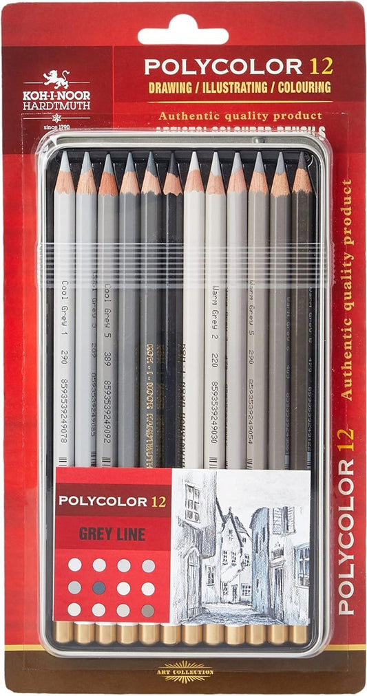 Koh-I-Noor Set of 12 Polycolor Grey Line Artists Coloured Pencils - No:3822