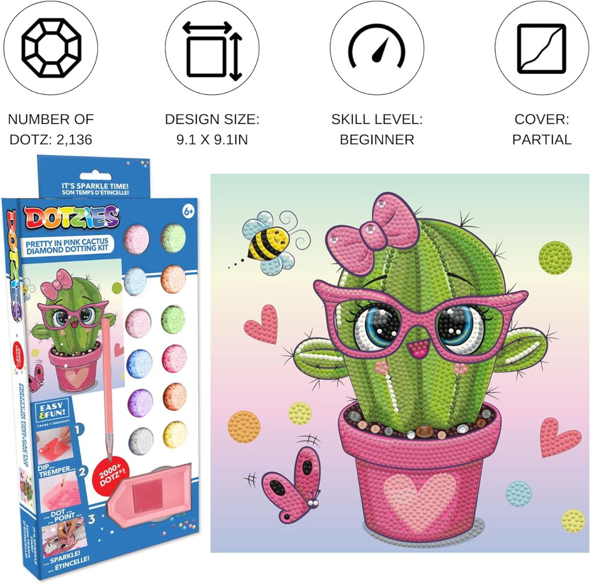 مجموعة رسم ماسي جزئي من دايموند دوتز دوتز، بتصميم صبار وردي جميل، مقاس 31 سم × 31 سم - رقم المنتج: DTZ3013