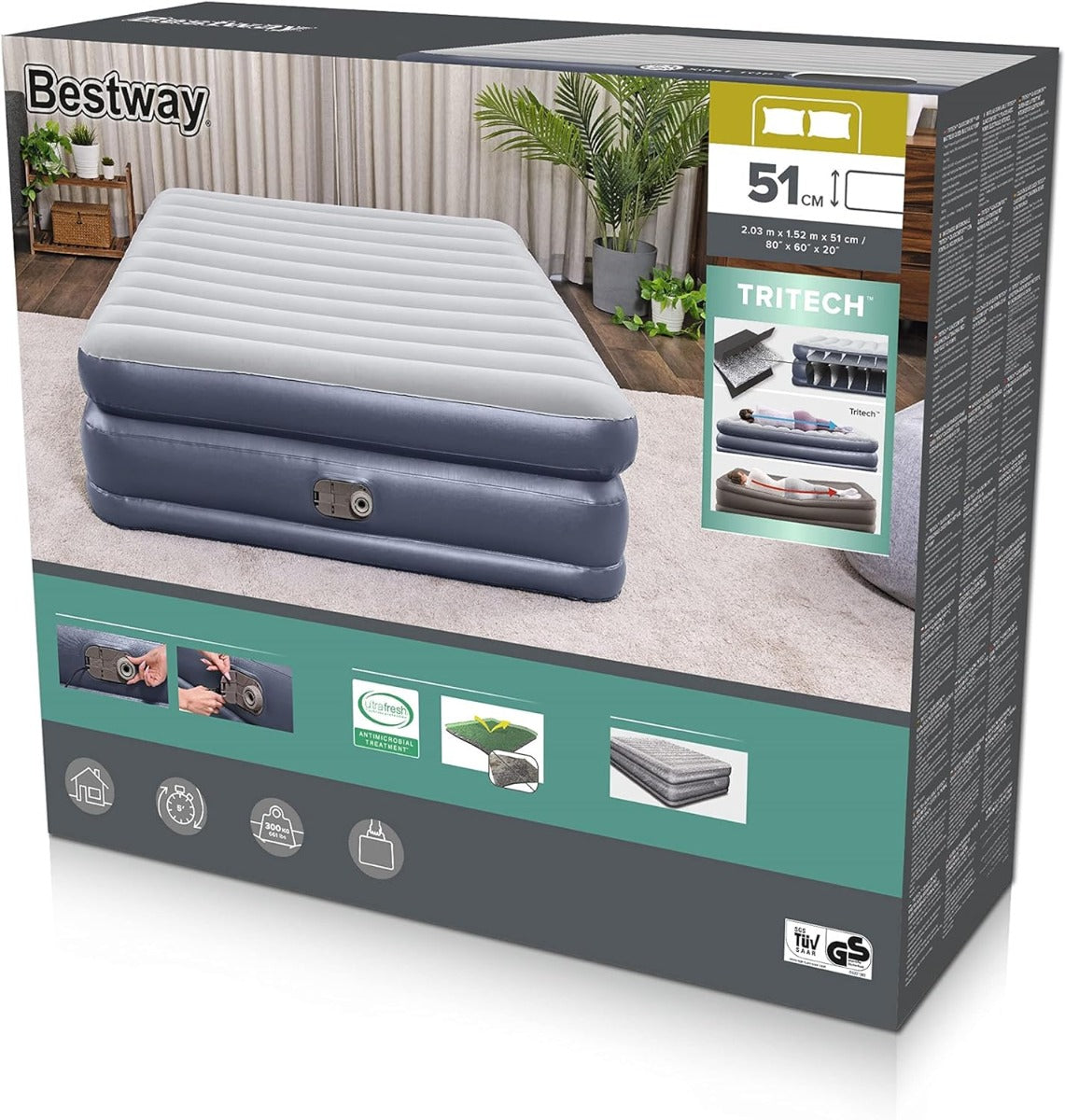 Bestway Tritech QuadComfort Air Mattress Queen with Built-in AC Pump - 203x152x51 cm - No:67925
