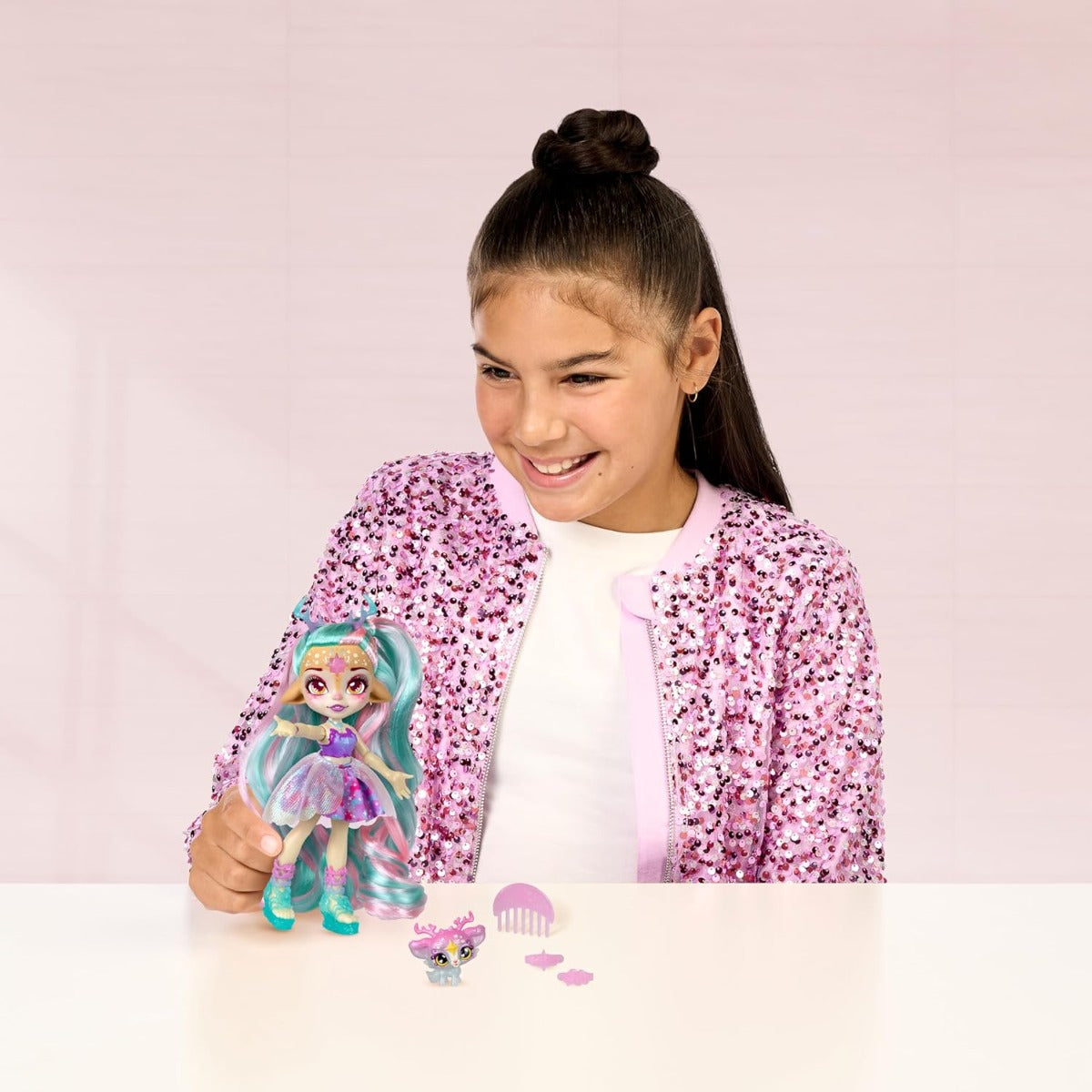 Magic Mixies Pixlings Deluxe Pack, Shimmer Reveal Galaxy Deerlee the Deer Hair Doll - No:14998