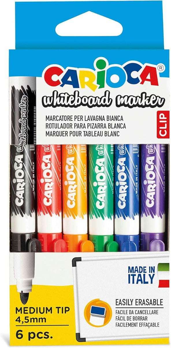 Carioca Clip Erasable Whiteboard Markers – Pack of 6 Assorted Colours - No:12921