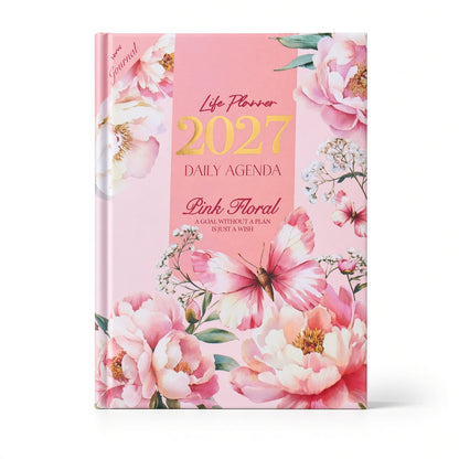 Mofakera Pink Floral Hardcover Daily Agenda 2027 – Premium Planner with Gift Card & Bookmark - Size: A5 - Pink (Agenda)