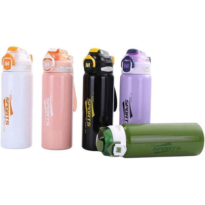 Sports Stainless Steel Water Bottle 600ml | Leak Proof Vacuum Insulated Flask | Hot & Cold Thermos Bottle with Strap for Gym, School, Office & Travel