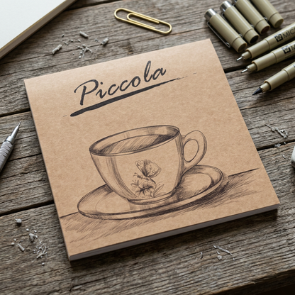 Yassin Piccola sketchbook flatlay with pencil and coffee cup
