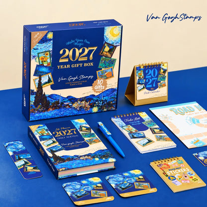 Mofakera Van Gogh Stamps Year Gift Box 2027 – Luxury A5 Daily Planner & 10-Piece Stationery Gift Set - Blue ( Agenda )