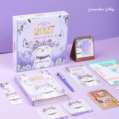 Mofakera Lavendar Vibes 2027 Year Gift Box – Luxury A5 Daily Planner & 10-Piece Stationery Gift Set - Purple ( Agenda )